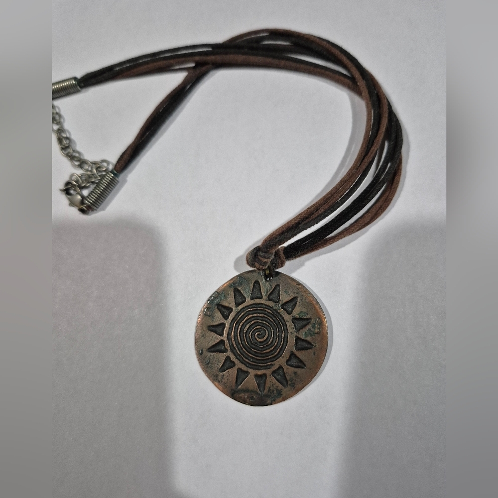 Vintage Sun Pendant Necklace with Brown Cord